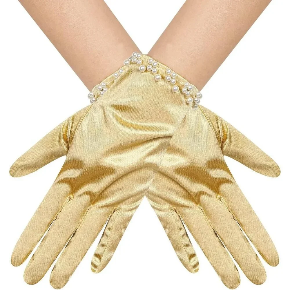 Women's Gold Satin Pearl Short Length Wrist Gloves Wedding Banquet Party Prom